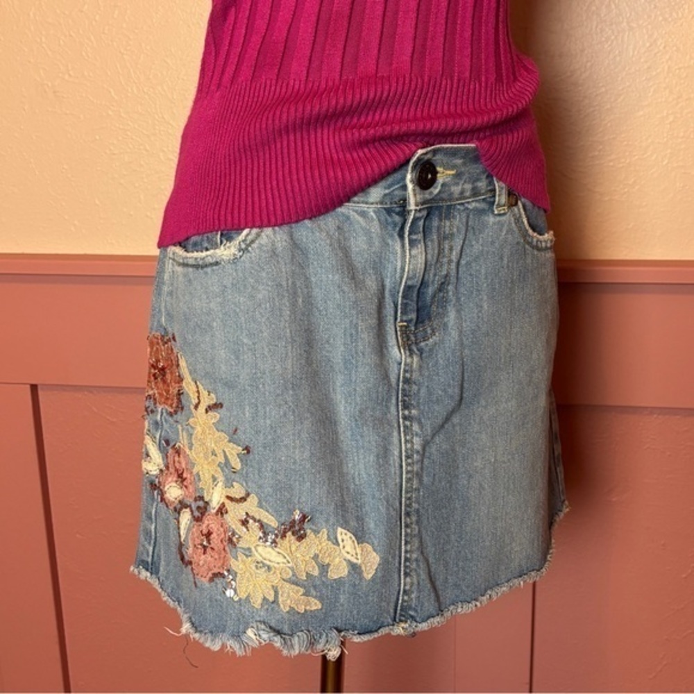y2k fairy low rise denim mini skirt floral embellished sz 4 cotton beaded